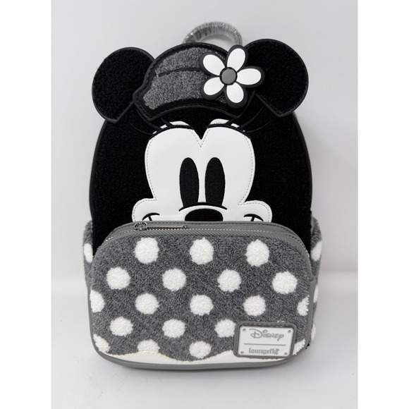 Loungefly Handbags - Loungefly Disney Minnie Mouse Vintage Polka Dot Sherpa Mini Backpack Black Grey